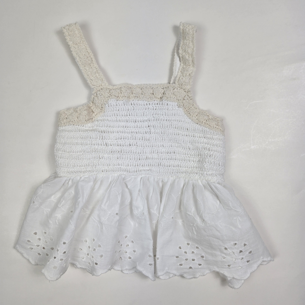 Zara Kids White Smocked Crochet Strap Detail Eyelet Whimsy Peplum Crop Top 7Y